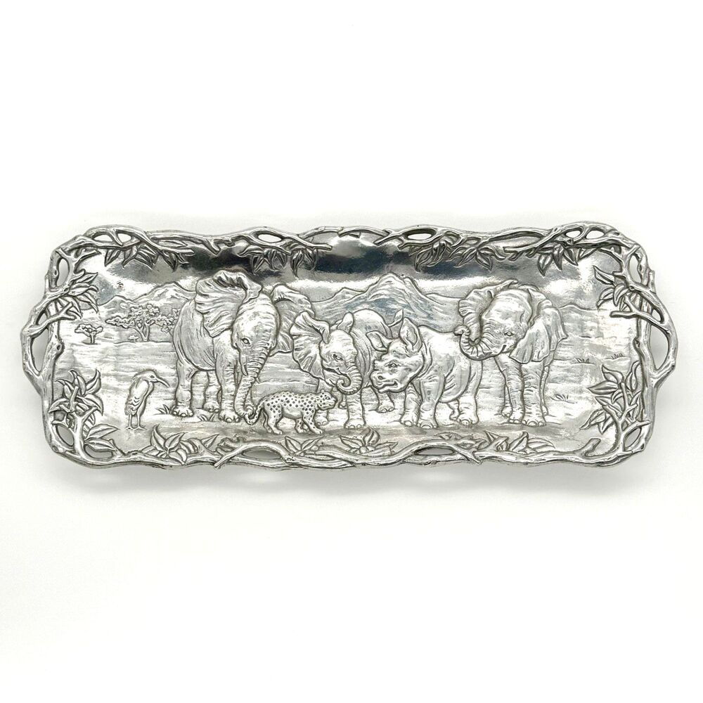 ARTHUR COURT Elephant Safari Metal Serving Tray Jungle Relief 1995 Signed VNTG